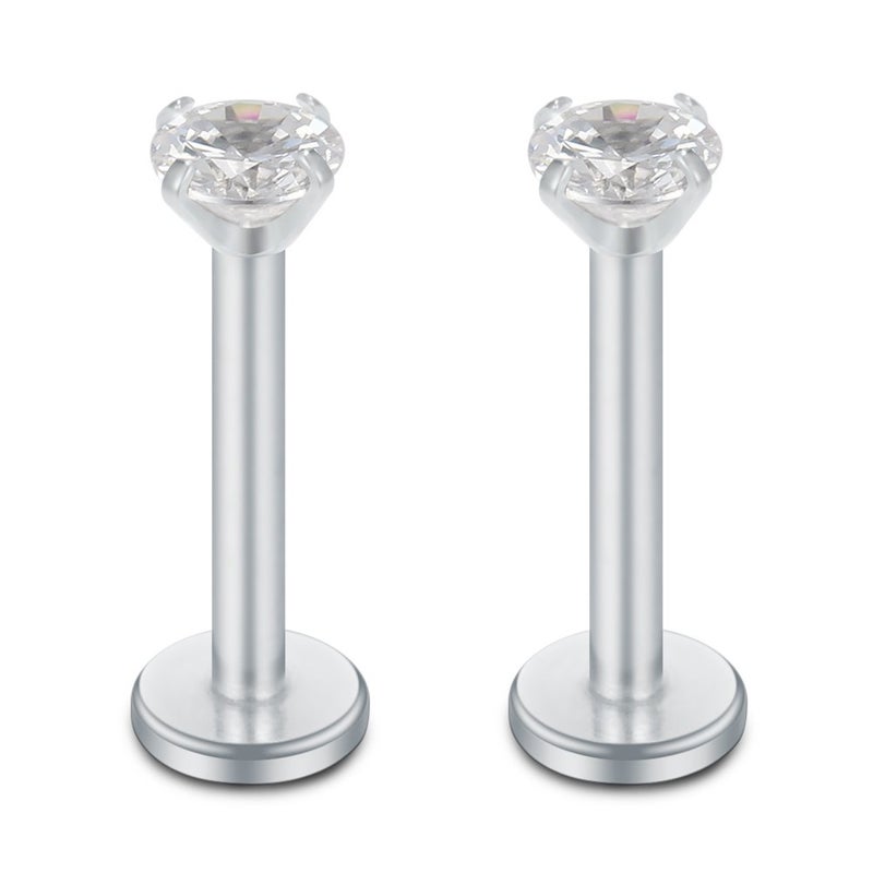 SCERRING 3PRS(6pcs) 16G 2-4mm Clear CZ Internally Threaded Labret Monroe Lip Ring Tragus Nail Helix Earring Stud Piercing Jewelry Bar Length 6mm - Silver - Image 4